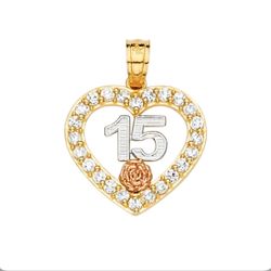 Cubic zirconia solid heart shape inside 15anos and rose 14K REAL YELLOW, WHITE & ROSE GOLDS. Description⬇️