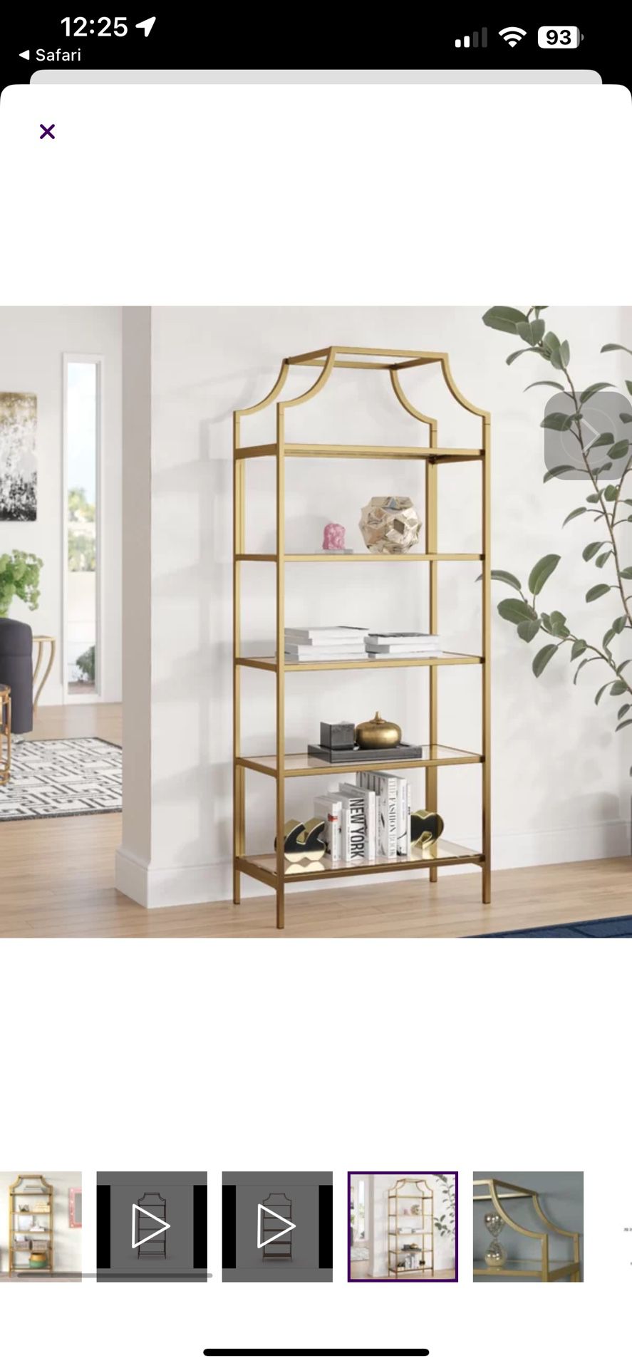 Gold frame glass arched shelf etagere storage book case