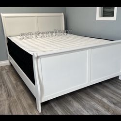 California King Size White Sleigh Bed W Orthopedic Mattress 
