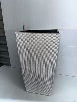 Tall White Wicker-Texture Self-Watering Planter