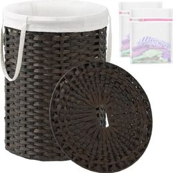 Laundry Basket with Lid Round Rattan Laundry Hamper with Lid and Handles 29.1 Gal (110 L) Handwoven Woven Basket with Removable Bags and 2 Mesh Bags f