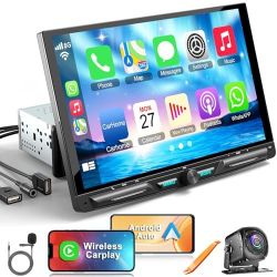 Wireless 10.1#34 Single Din Car Stereo CarPlay Radio, Carplay Android Auto Touch Screen, Bluetooth 5.3, Car Audio Receiver, 240W Subwoofer, Backup Cam