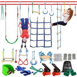 🌈 BRAND NEW Ninja Warrior Obstacle Course for Kids - 2X50FT Double Ninja Slackline with Climbing Net, Swing, Ladder, Long & Short Monkey Bars, Gym Ri