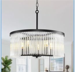 New 19.7" Drum Crystal Chandelier - 5-Light Black Round Modern Pendant Ceiling Light with Adjustable Height for Dining Room, Bedroom, Living Room, Kit