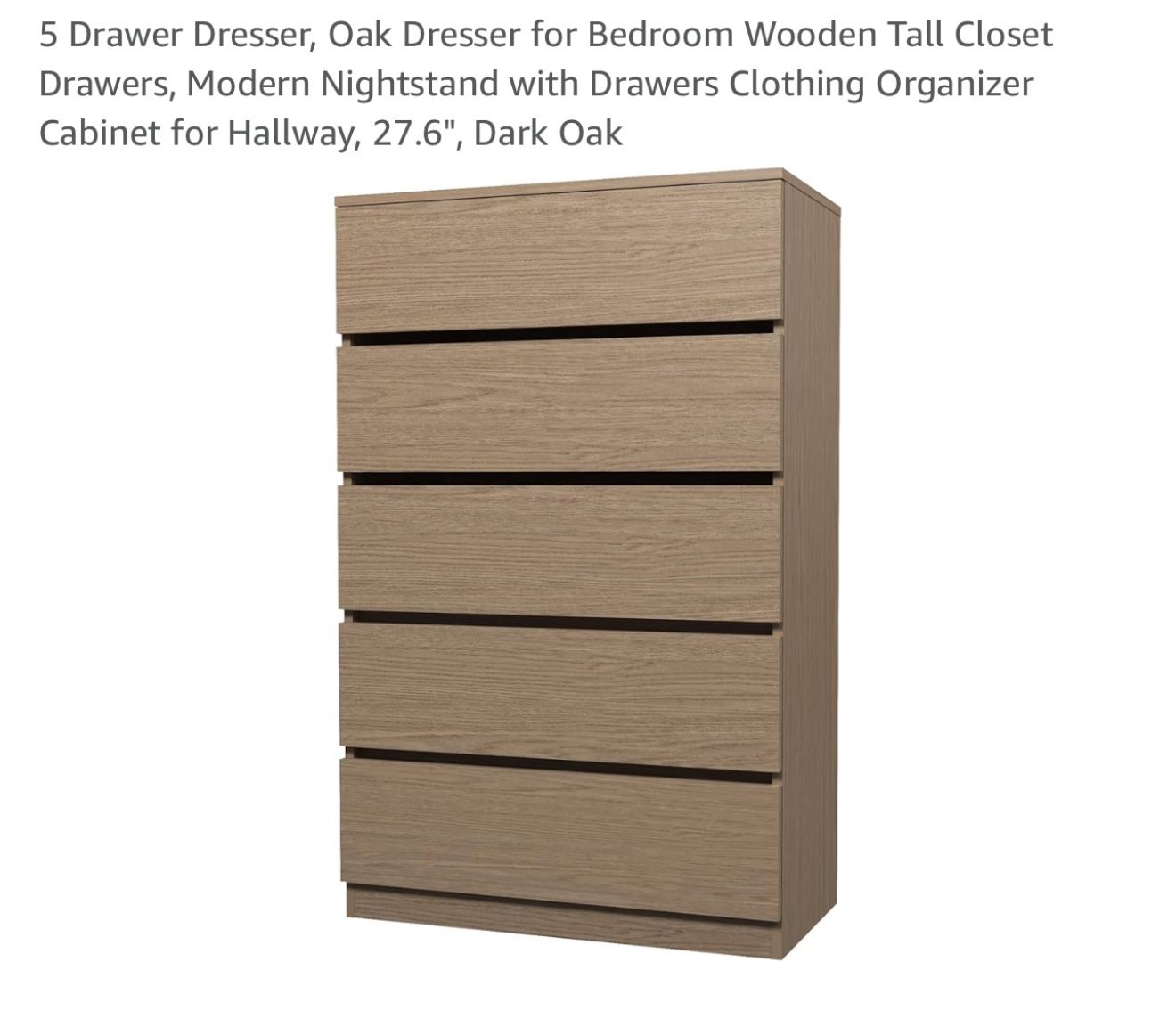 5 Drawer Dresser, Oak Dresser for Bedroom Wooden Tall Closet Drawers, Modern Nightstand with Drawers Clothing Organizer Cabinet for Hallway, 27.6", Da