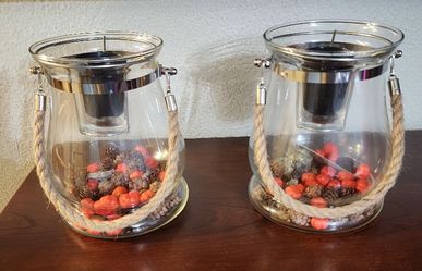 Glass Jar With Rope Handle And Silver Trim 