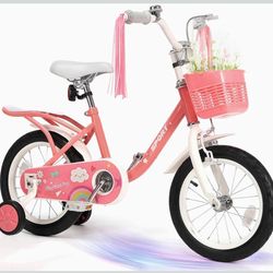 16 Inch Kids Bike  for 3-10 Years, Princess Height 41"-46" with Training Wheels  Basket,Pink W-70