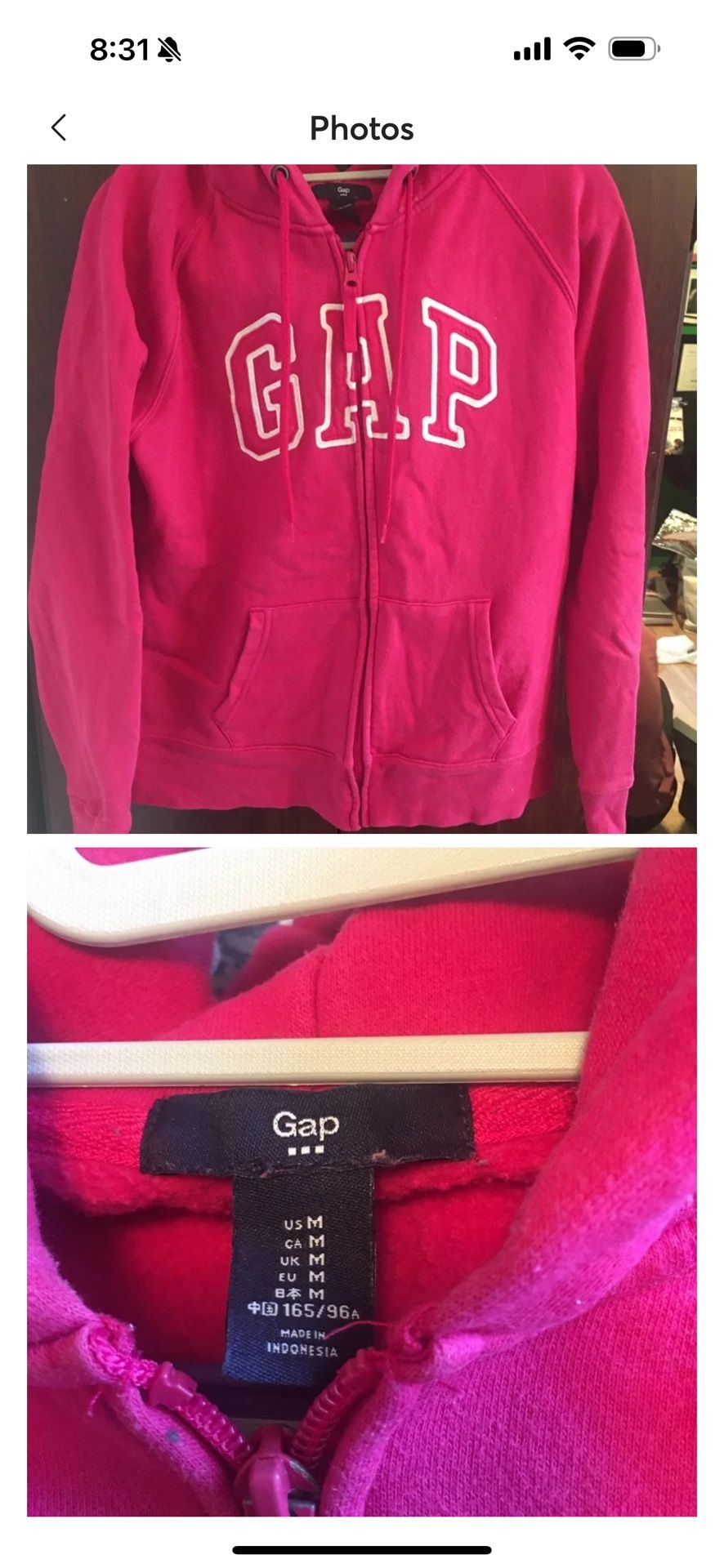 Pink Gap Hoodie With Full Zip Size Medium 