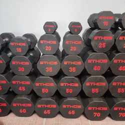 ETHOS Premium Commercial Rubber Hex Dumbbells – Complete 14 Pair Set(5–70 lbs), 1,050 lbs Total