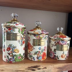 Mackenzie-Childs NEW White Flower Market White Canisters, Set Of 3