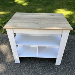 Title: Modern White Console Table / Shelf with Wood Top – Great Condition!