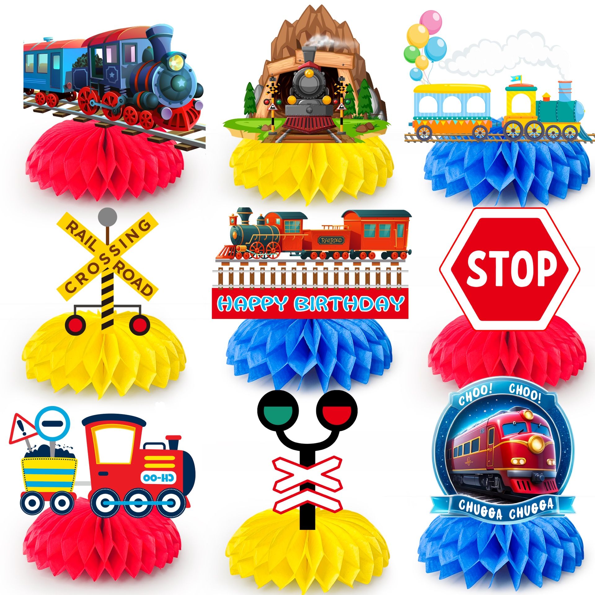 9pcs Train Honeycomb Centerpieces (New, Unopened)