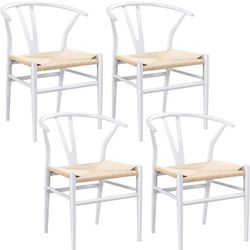 Metal Dining Chair Y-Shaped Set of 4 Weave Arm Chair Mid-Century Dining Room Chairs Backrest Hemp Seat, White