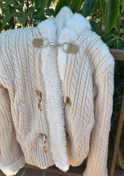 Cream Cable Knit Cardigan with Faux Fur Lining