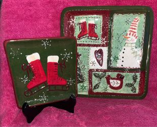 Cracker Barrel Christmas Square Serving Plate Trays 10” and 6” Set