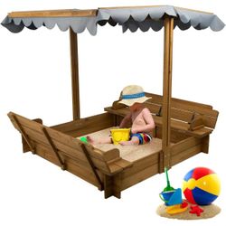 Wooden Sandbox with Lid, Outdoor Covered Sandpit for Kids, with 2 Folding Seats for Backyard (47 x 47 inches), UV Resistant Roof Canopy Outdoor, Cover