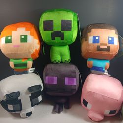 Minecraft Mojang Set of 6 Stuffed 5" Chibi Plush Alex Steve Wolf Enderman Dolls