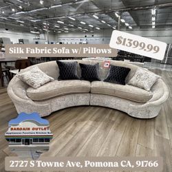 Silk Fabric Beige Sofa With Pillows 