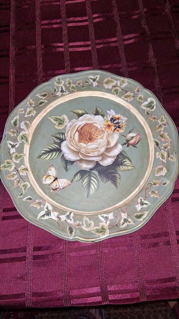 Handcrafted And Designed Metal Tray With Beautiful Yellow Roses, Butterfly, Bee, And Ivy Trim