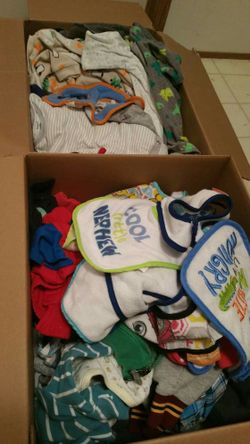 3 boxes used 0-9 month boy clothes, bibs & socks