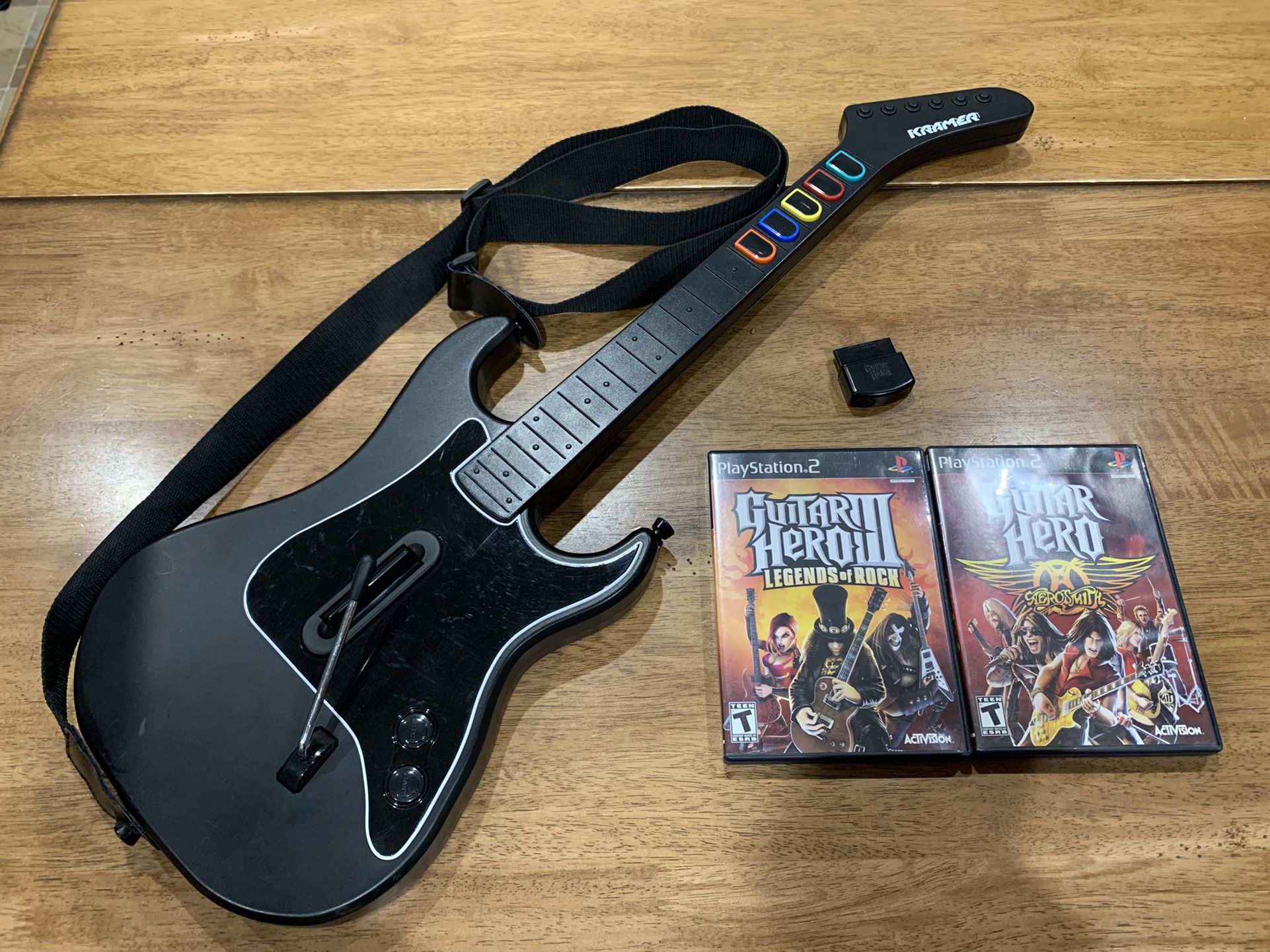 PS2 Guitar Hero Red Octane Kramer Striker Wireless Guitar w/ Dongle & 2 Games