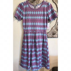 NWT Lularoe Pink Blue Pleated Amelia Dress medium