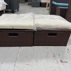 New2 Pieces Outdoor Patio Ottoman, All Weather Rattan Footstool Footrest Seat with Removable Cushion