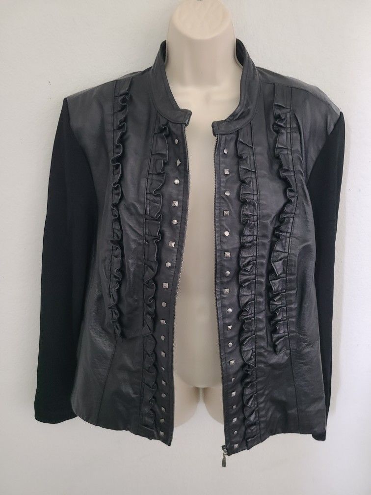 Peter Nygard 100% Leather Fabric Ruffle Studded Jacket Full Zip Women’s Size XL