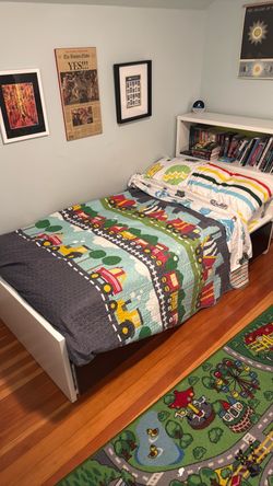 IKEA FLAXA Twin Bed Frame with Under-Bed Storage Drawers & Bookcase Headboard