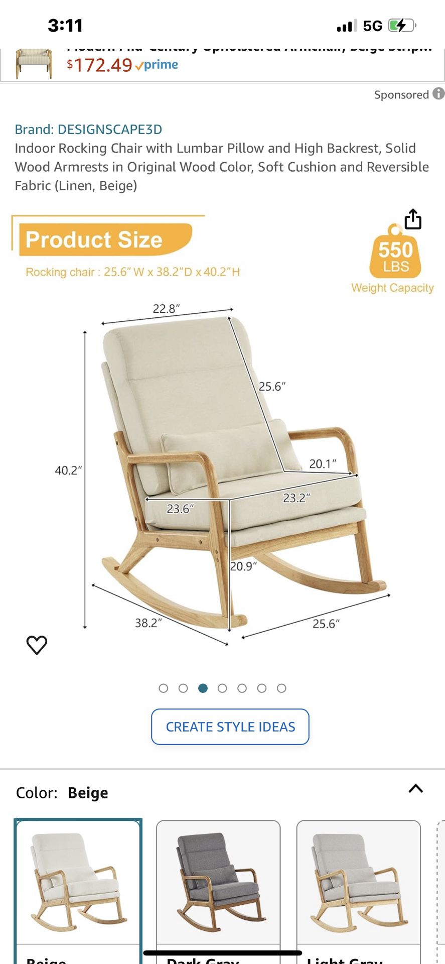 Indoor Rocking Chair with Lumbar Pillow and High Backrest, Solid Wood Armrests in Original Wood Color, Soft Cushion and Reversible Fabric (Linen, Beig