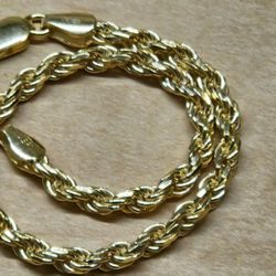 Gold Over 925 Silver Diamond Cut Rope Bracelet 8 Inch