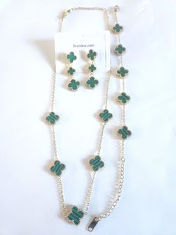 Green Clover-Style Necklace, Bracelet & Earrings Set - Stainless Steel