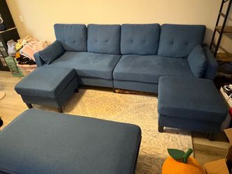 Blue Fabric Sectional Sofa with Ottoman