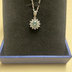 Cyan Blue Moissanite Silver Pendant Necklace 
