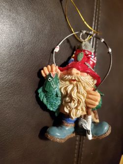Fisherman Ornament Santa Christmas Fishing Gnome Elf  Resin Vintage Holiday Figurine Hillbilly