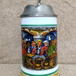 BMF 8" Vintage 1960 Bugle Milk Glass Ceramic German Stein w Pewter Top (Read Full Description)