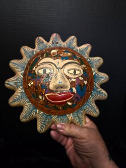 Ceramic Sun Wall Plaque, Glossy Finish Wall Mounted Beige Blue Brown 9"