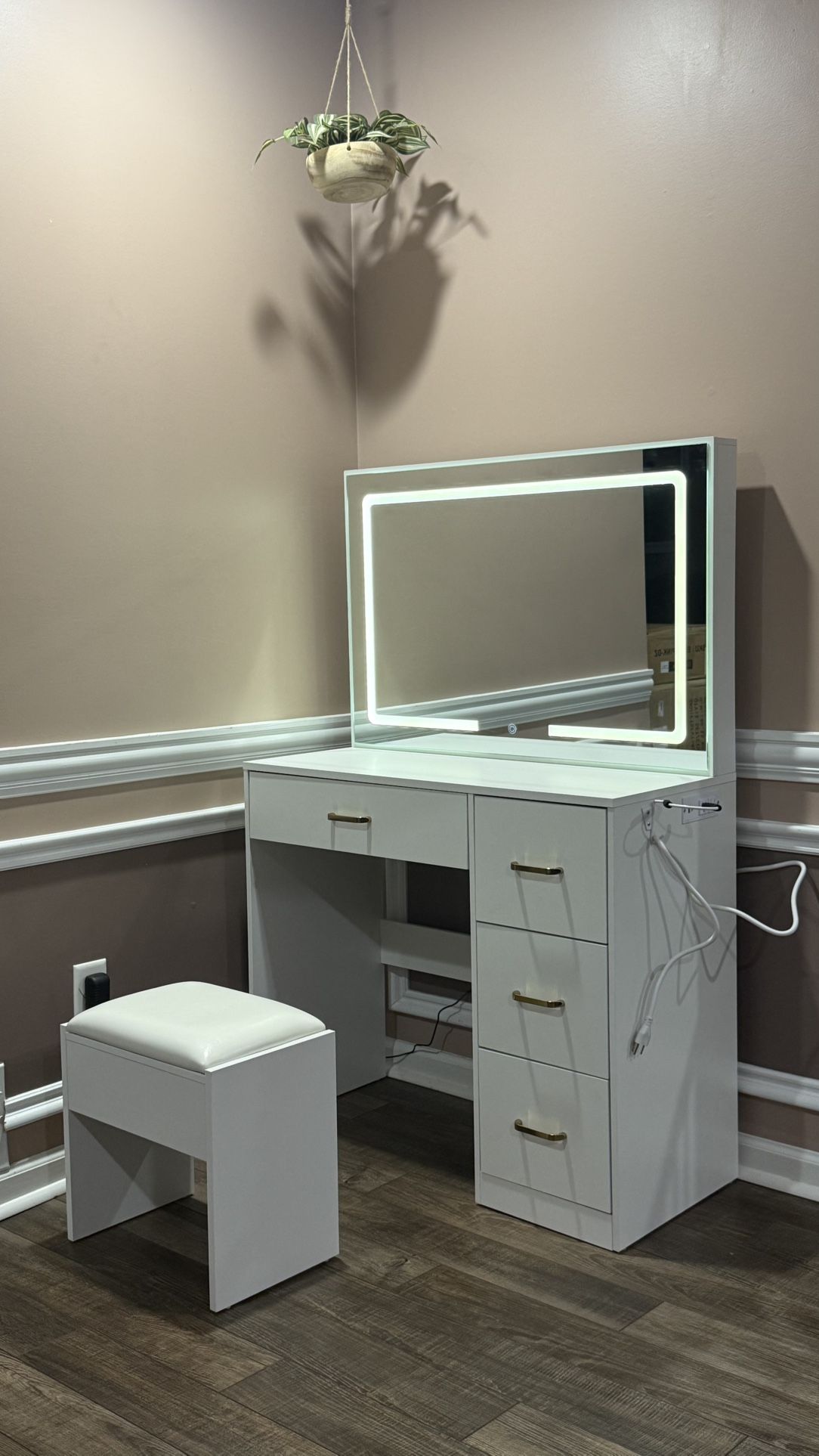 Makeup Vanity 4 Drawers LED Strip 3 Adjustable Light Mode, Brightness Control, With Cushioned Chair. Charging Station