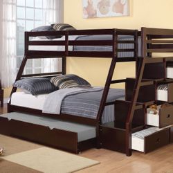 NEW BUNK BED FULL OVER TWIN WITH TRUNDLE BED AND SIDE DRAWERS NEW