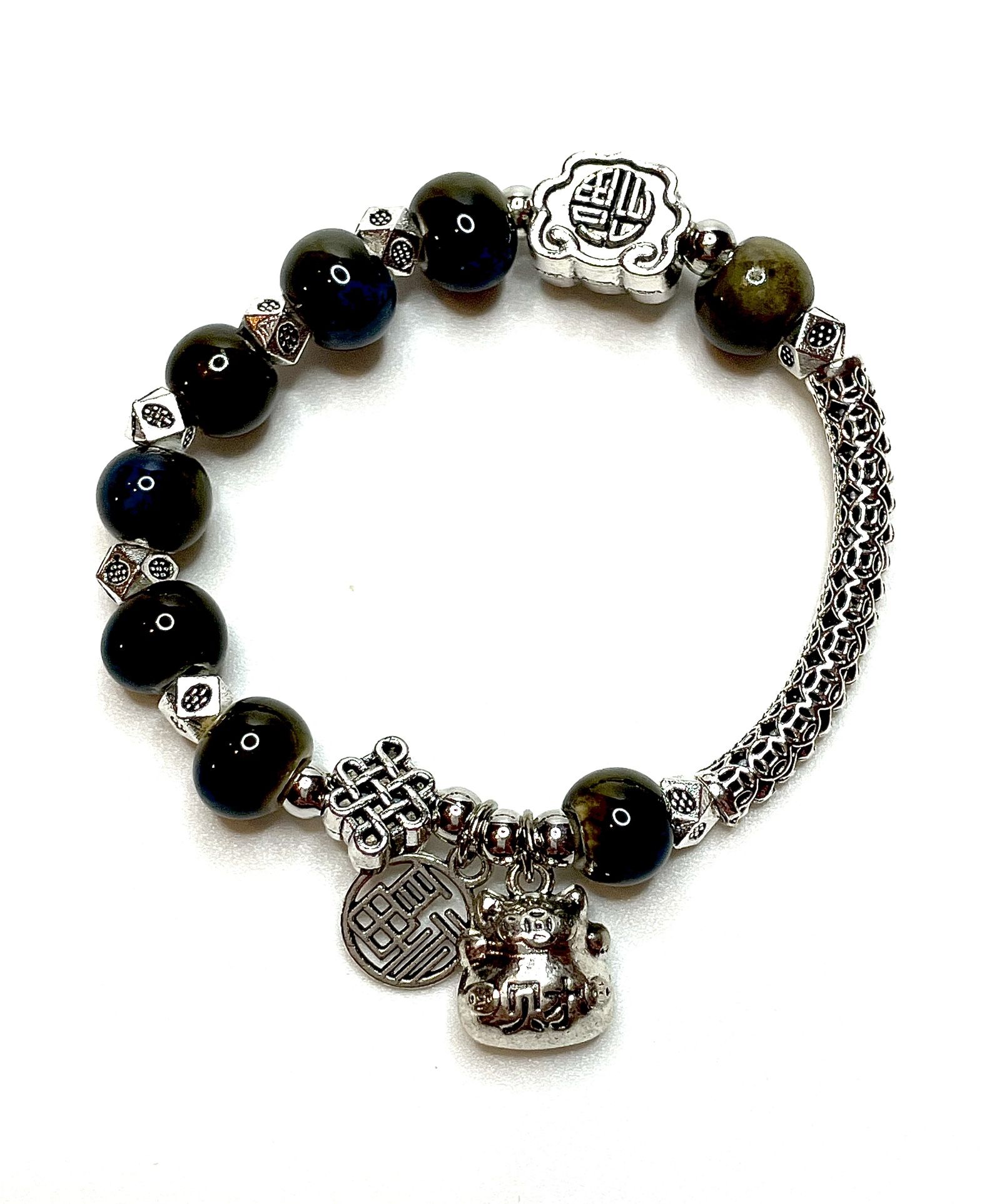 Cat Bracelet Silver brown blue swirl beads Ceramic Silver lucky Charm