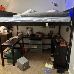 Single Bunk bed With Desk And Shelves Underneath 