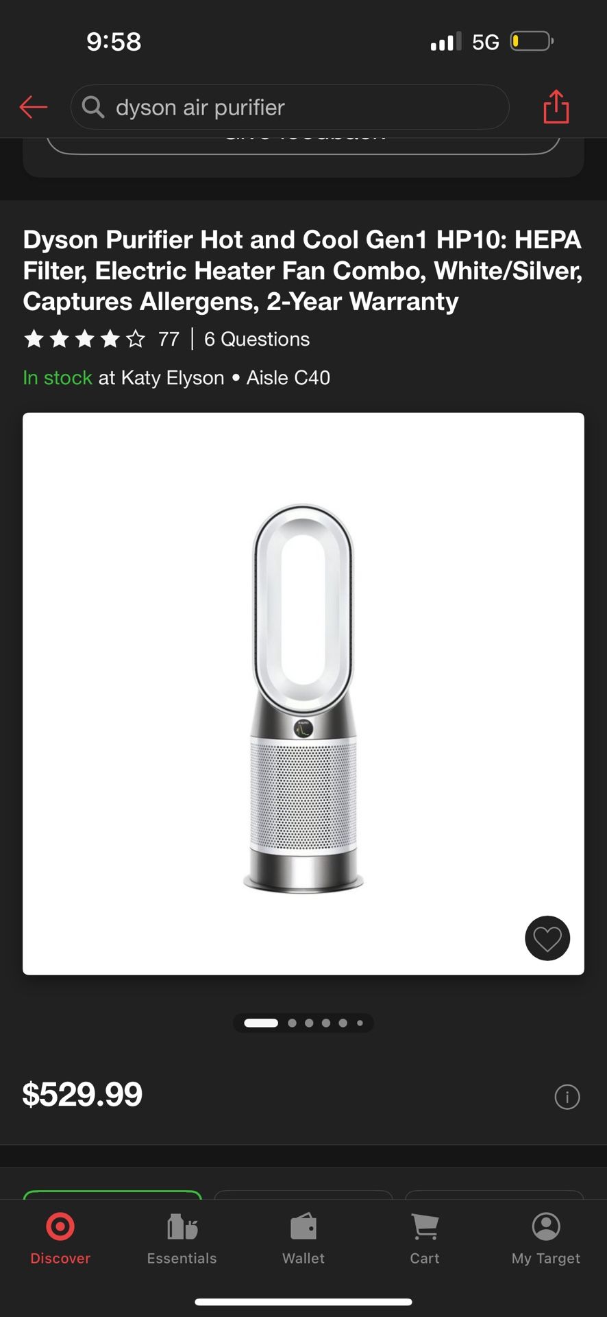 Dyson Purifier Hot and Cool Gen1 HP10: HEPA Filter, Electric Heater Fan Combo, White/Silver, Captures Allergens,