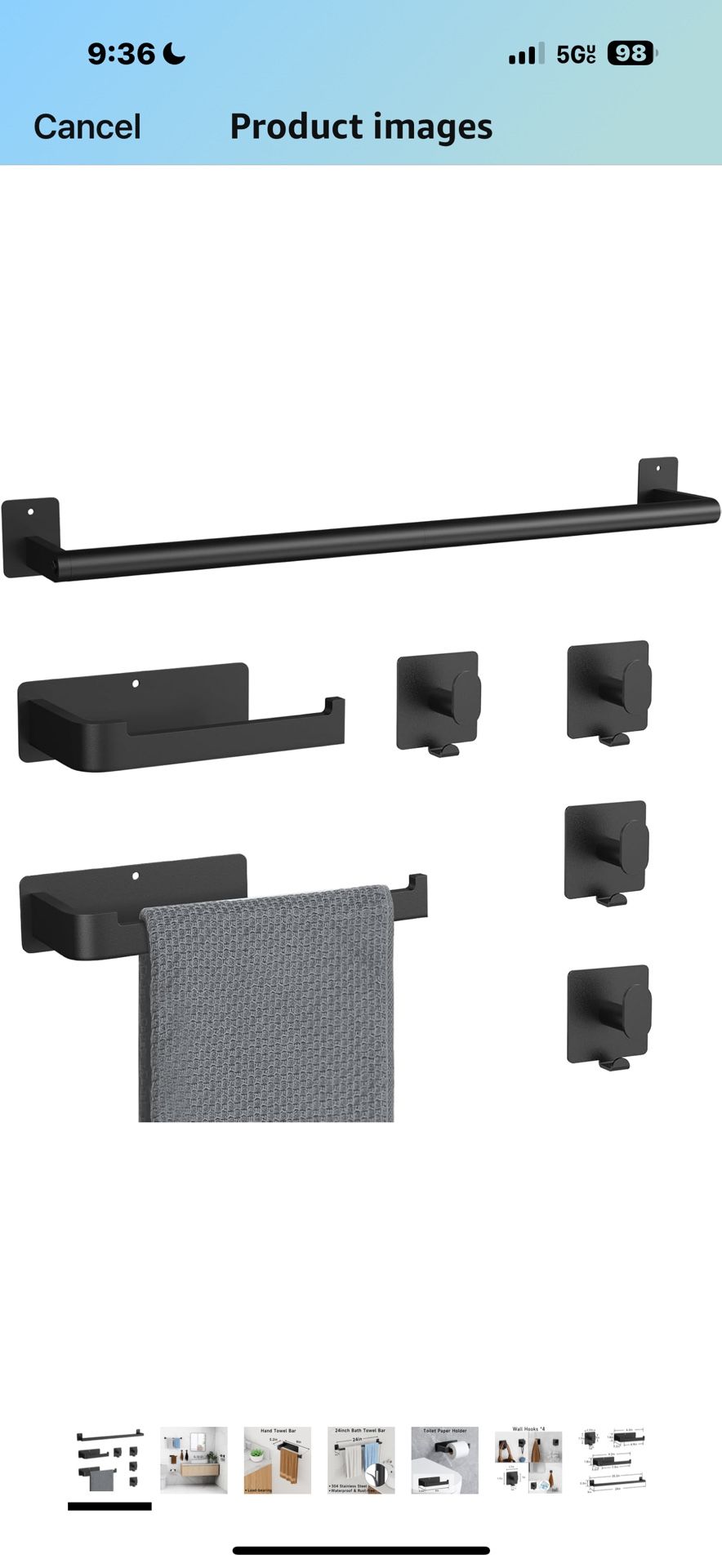 7PCS Bathroom Hardware Set, 24IN Matte Black Towel Bar Set, 304 Stainless Steel Bathroom Towel Holder Set