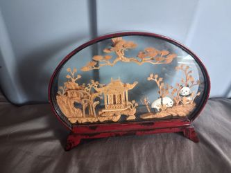 Vintage Chinees Hand Carved Cork Diorama Lacquer Cherry Wood With Pandas