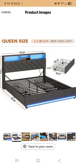 Queen Bed Frame with 4 Drawers, Storage Headboard, Lights, Dark GreyLED Bed Frame Queen Size with Charging Station, 5 Shelves, Upholstered Bed with Me