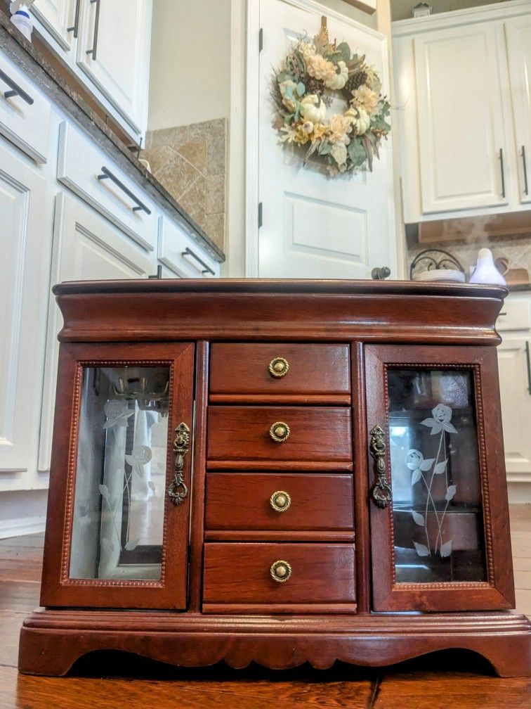 Very Nice Etched Glass Tabletop Jewelry Armoire