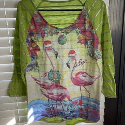 CHRISTMAS Ellen Negley Shirt - Lime Green & Flamingos - Size L (approx)