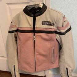 Alpinestars Stella Womens Pink/White/Black Leather Motorcycle Jacket. Size 6. Padding on shoulders and elbows. Gently used condition, no flaws, no rip