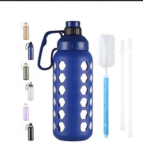 64 Oz Glass Water Bottles, Half Gallon Water Bottle With Straw And Silicone Sleeve Wide Mouth Leakproof Blue