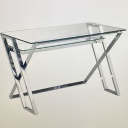 As New! Table/console/desk Glass Top And Metal With Shelf